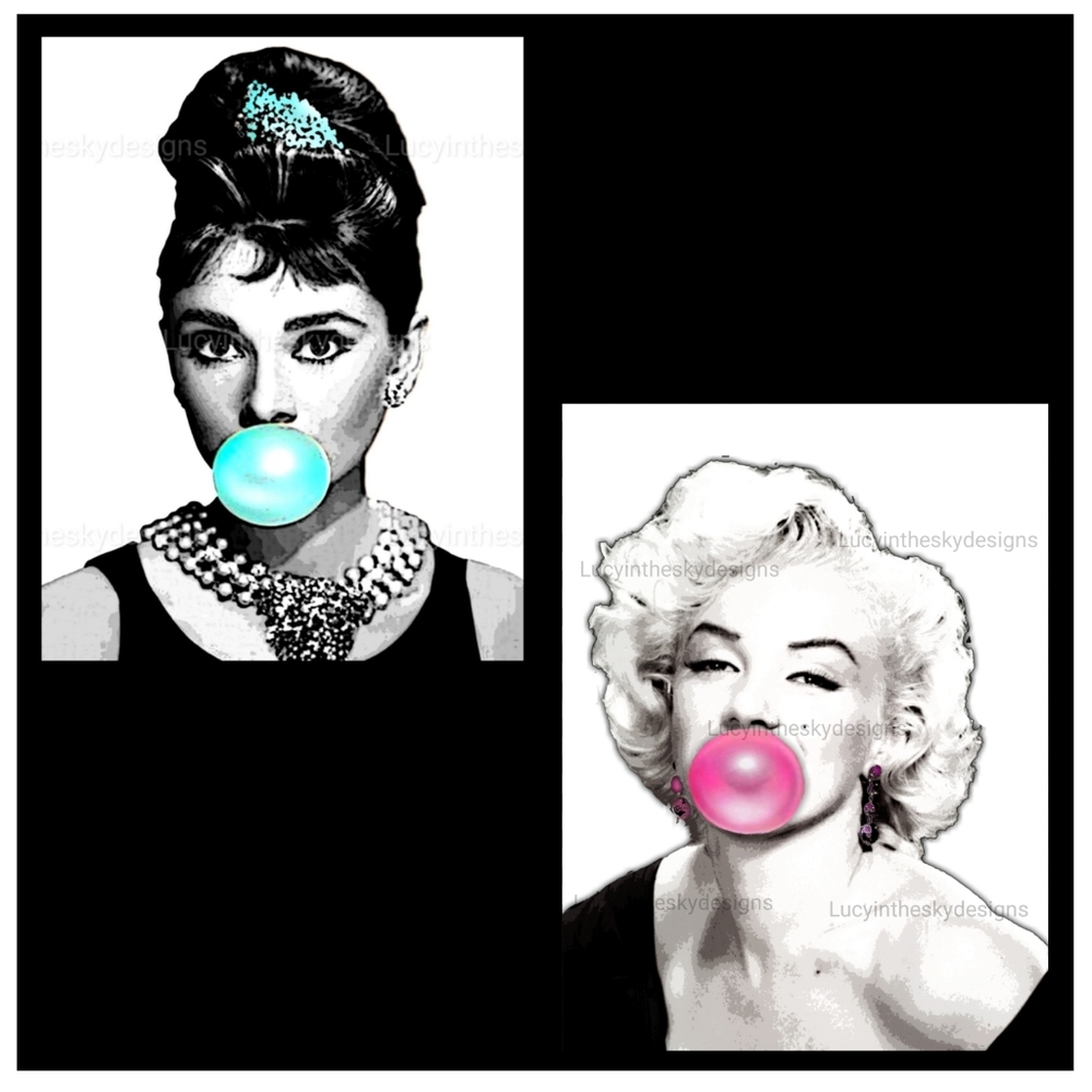 Audrey Hepburn Marylin Monroe Bubblegum Art Print Set Whimsical Pop Art Culture